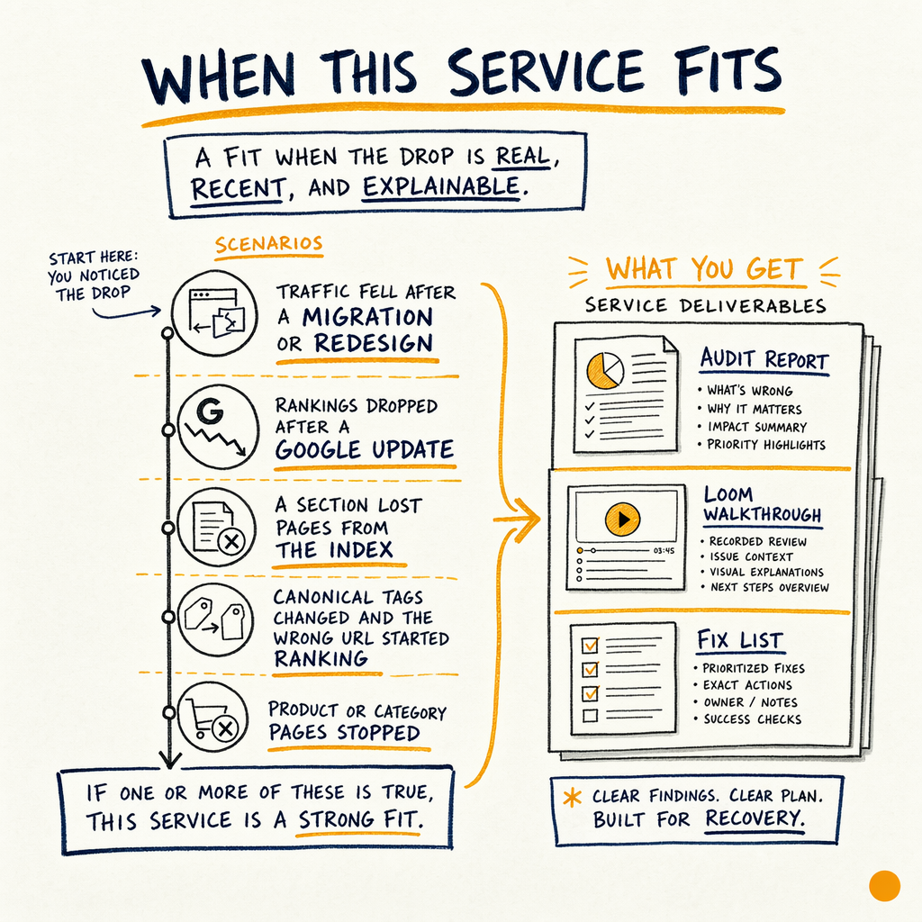 Hand-drawn flowchart showing SEO recovery service fit scenarios and deliverables