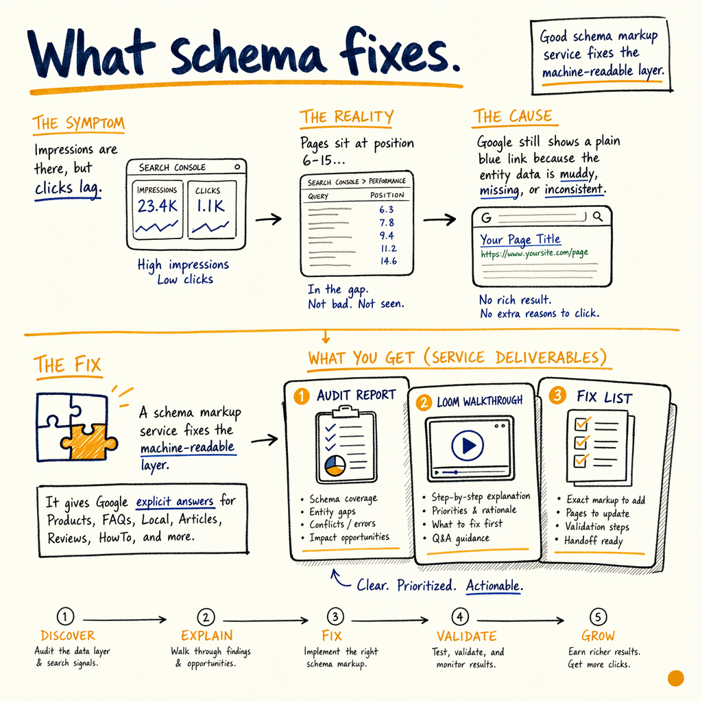Hand-drawn infographic explaining schema markup fixes search result click-through issues