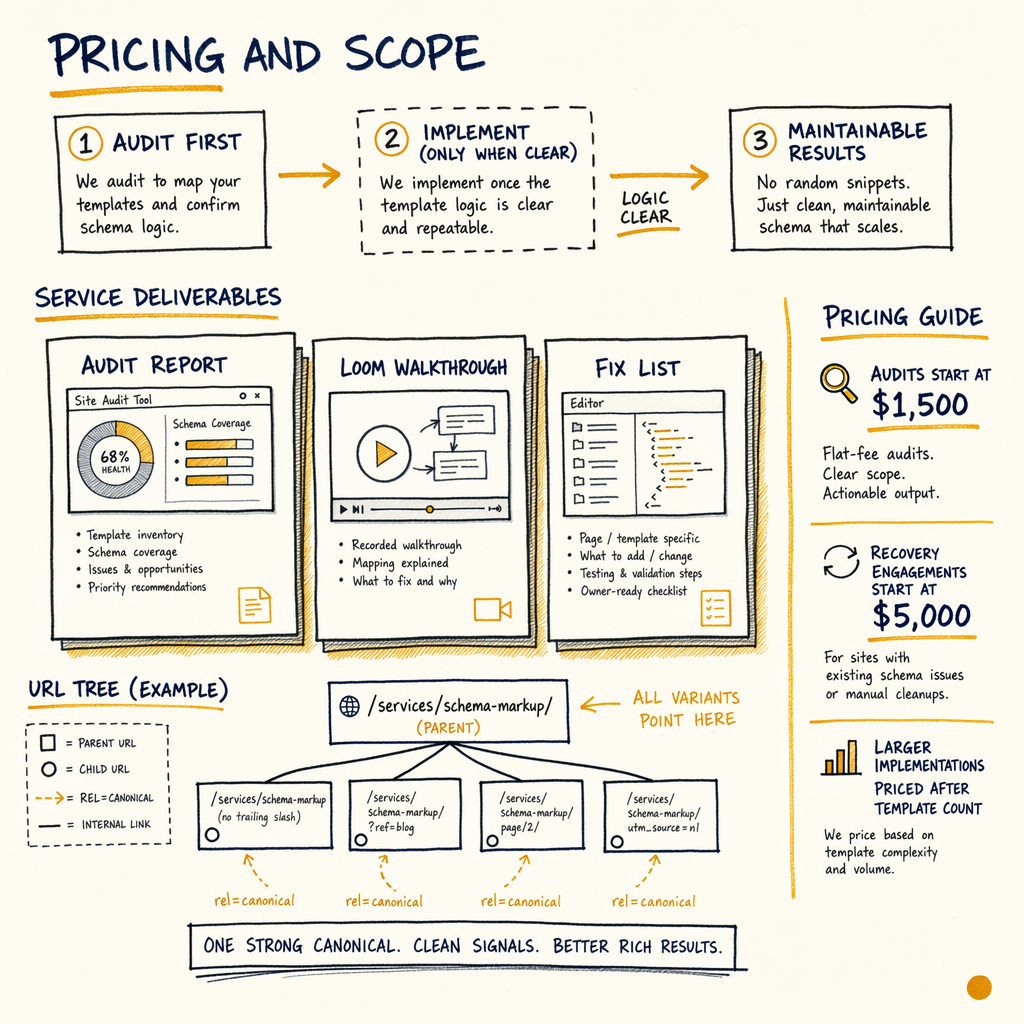 Hand-drawn pricing and scope diagram showing audit steps, deliverables, URL tree, and pricing guide