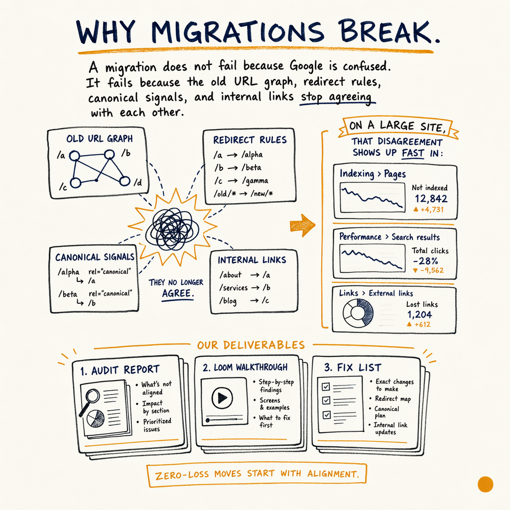 Diagram showing migration failures from conflicting URL graph, redirects, canonical signals, and internal links
