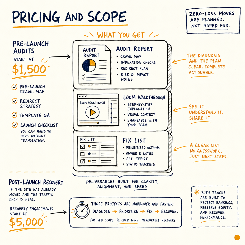 Pricing and scope diagram showing pre-launch audits and post-launch recovery deliverables