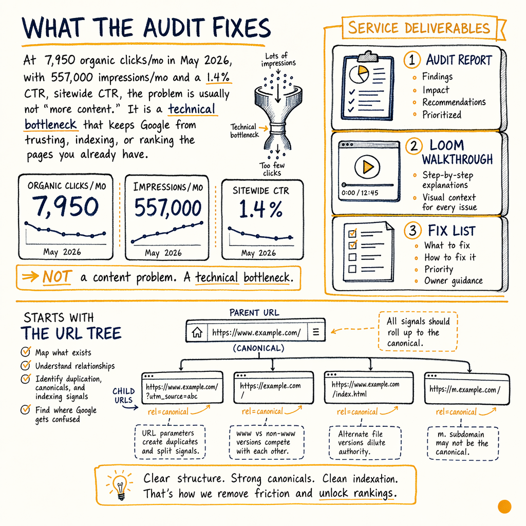 Technical SEO infographic showing audit deliverables, URL tree, and canonicalization examples