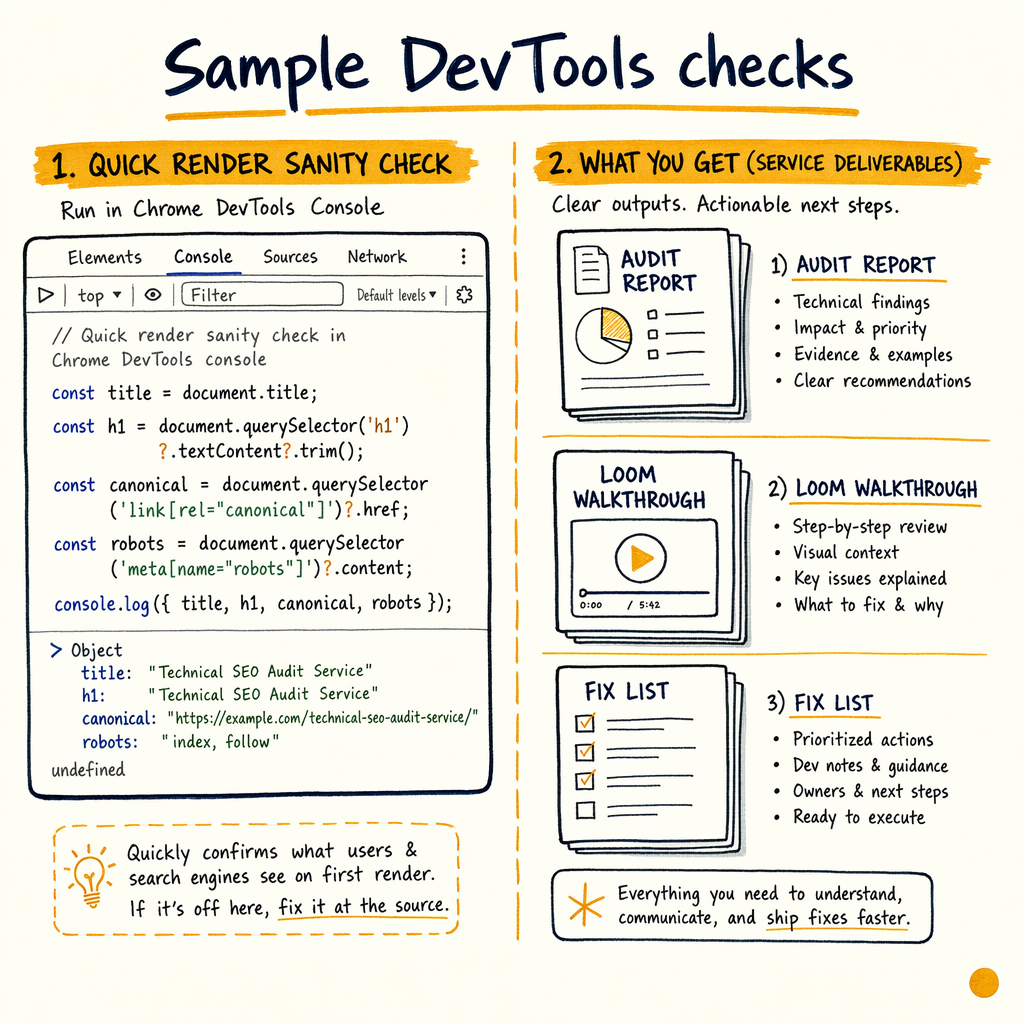 Hand-drawn diagram of sample DevTools checks and SEO audit deliverables