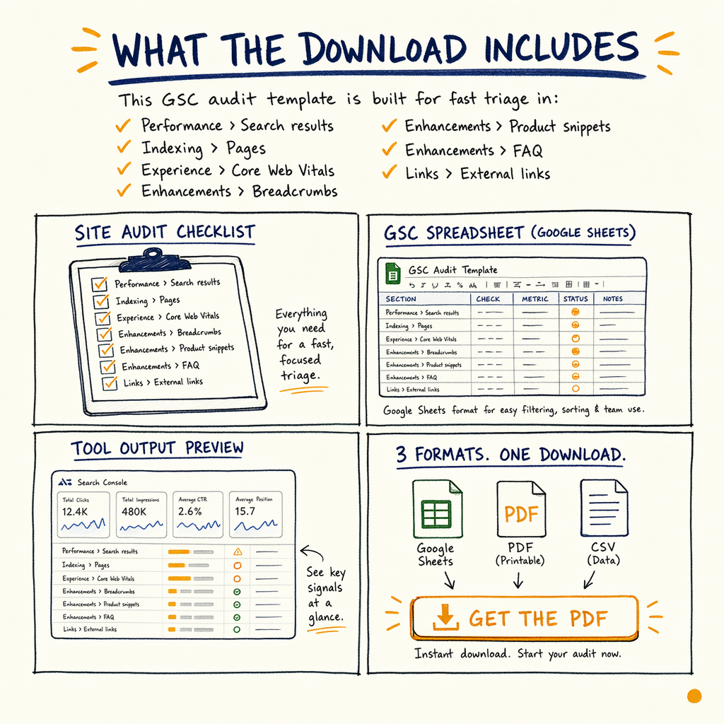 Diagram showing a GSC audit template checklist, spreadsheet, tool preview, and download format options