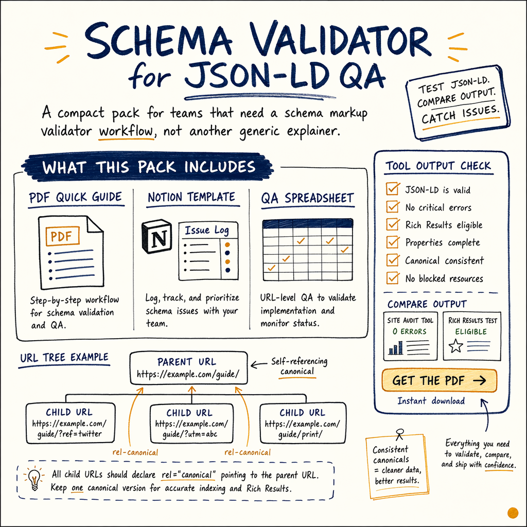 Schema validator pack layout for JSON-LD QA, including guides, checklist, and URL tree example