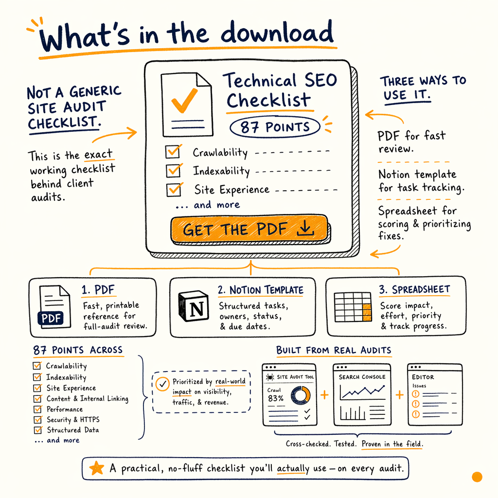 Technical SEO checklist download graphic showing 87 points and three usage formats
